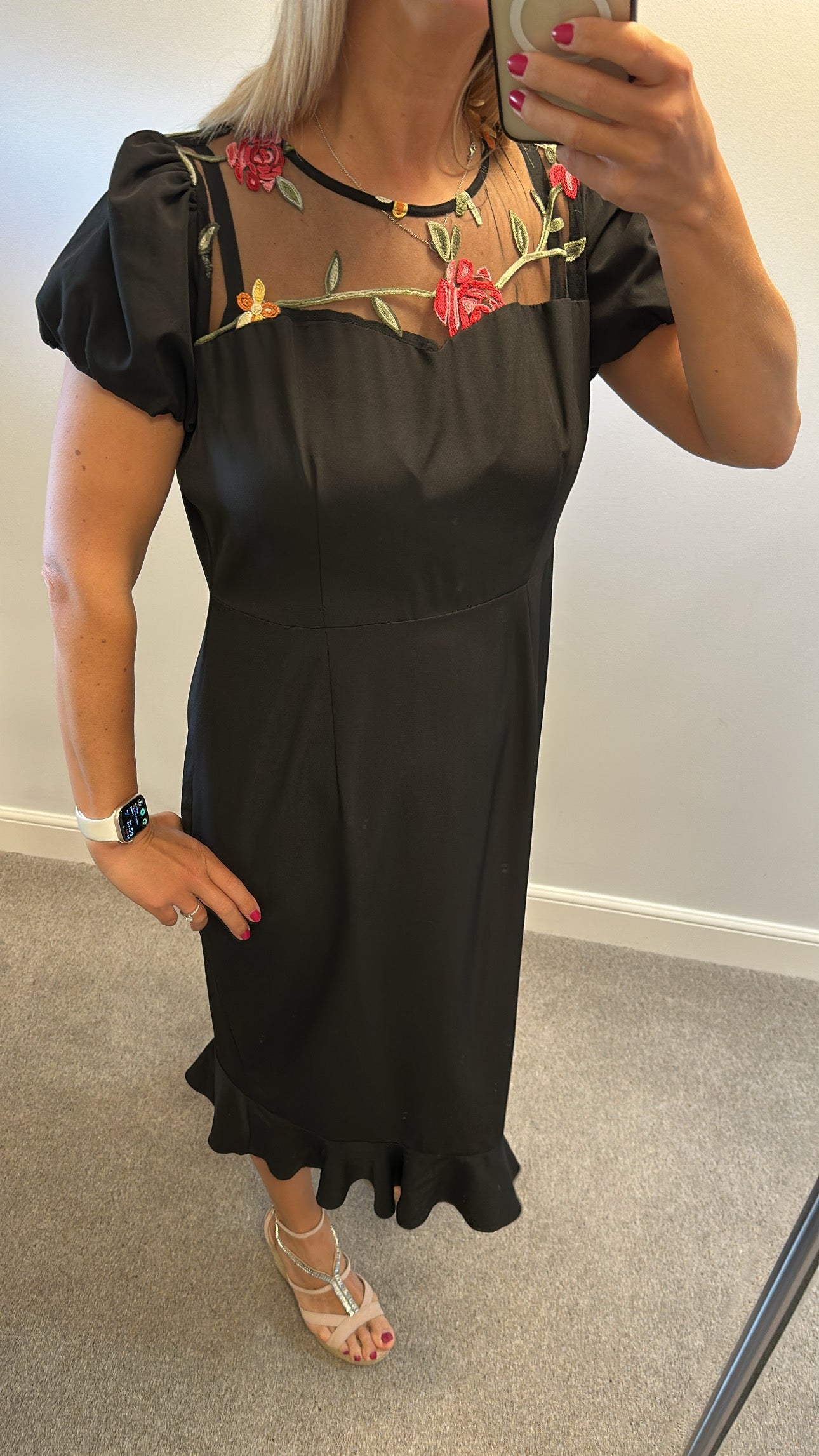 Black embroidered mesh midi dress with puff sleeves one size fitting upto size 16