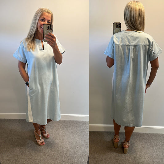 Alice Collins cotton / linen light blue midi dress with side stripe size 16