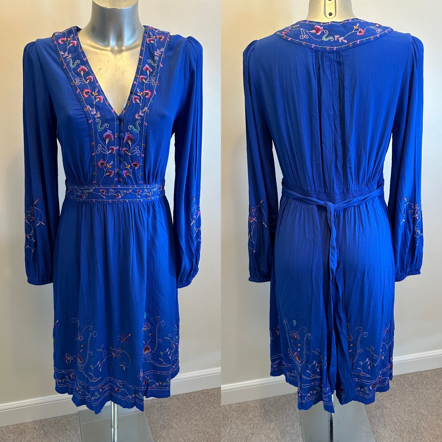 Monsoon blue embroidered midi dress size 12