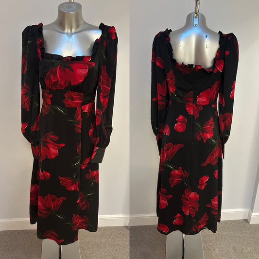 Boohoo black printed red floral dress size 12