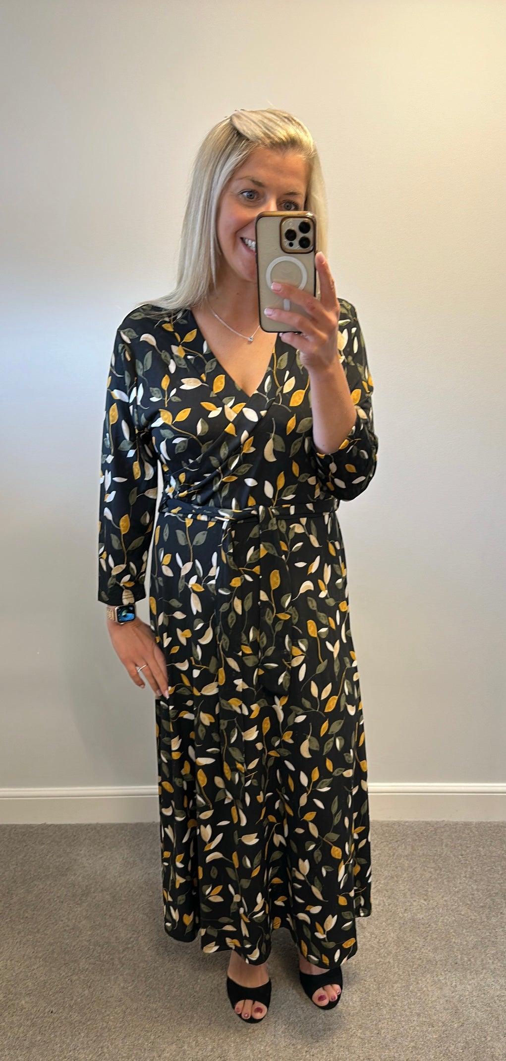Apricot black wrap style dress size 16