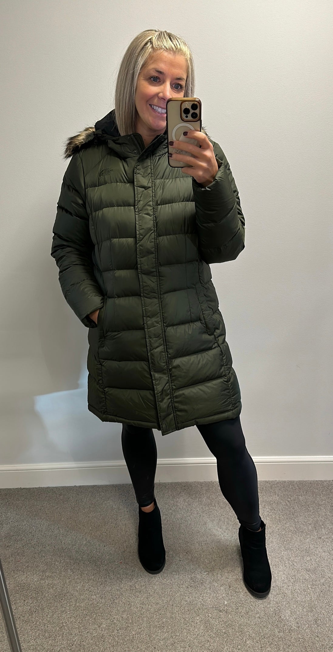 North face khaki 550 long quilted jacket size XL would fit upto size 16