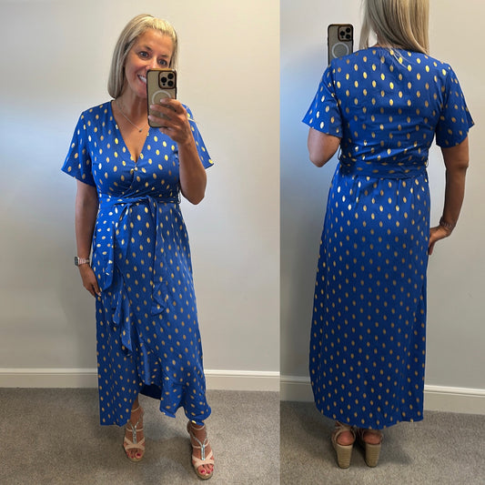 Girl in mind blue and gold print dress size 10