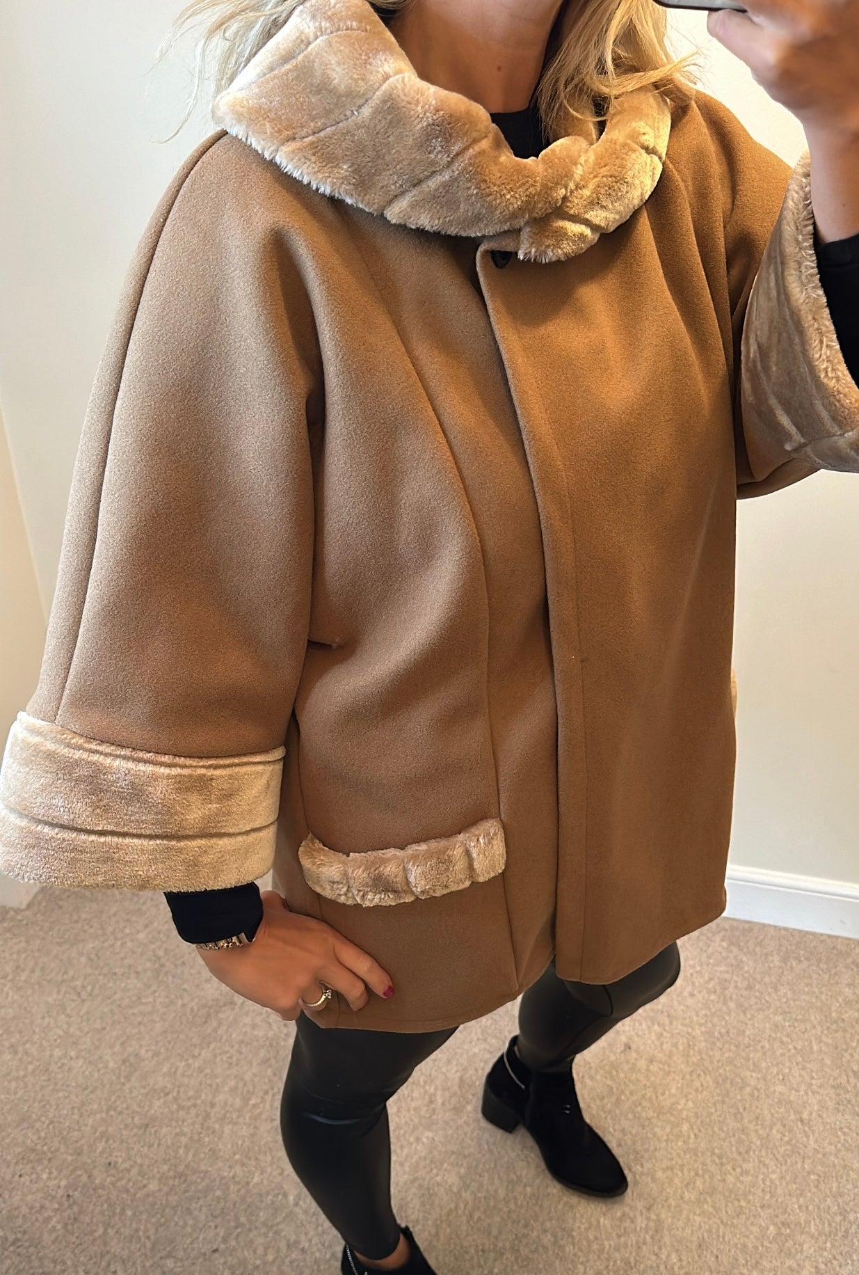 Camel faux fur trim coat / jacket / poncho