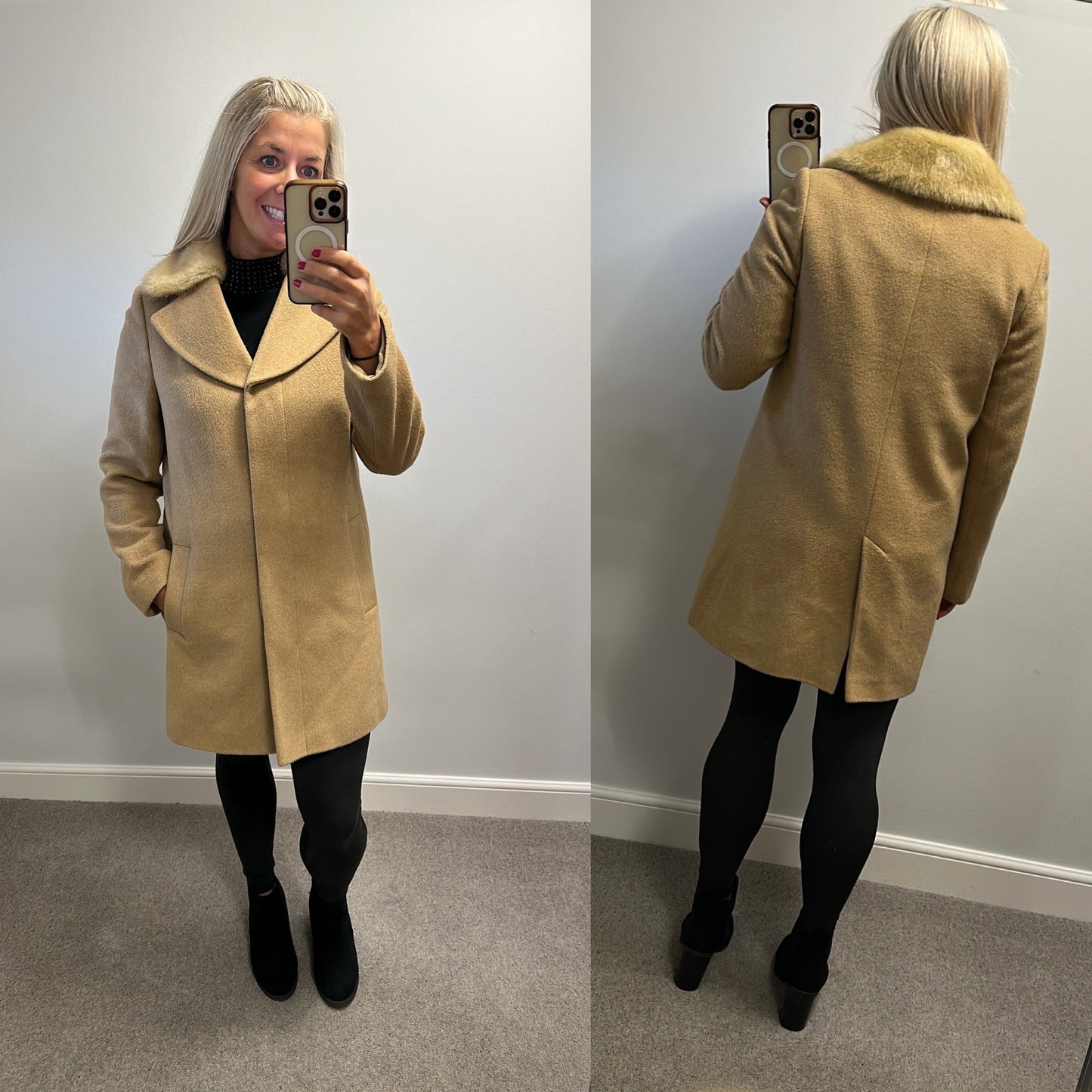 John Lewis tan wool jacket with removable faux fur collar size 10