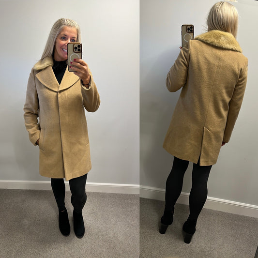 John Lewis tan wool jacket with removable faux fur collar size 10