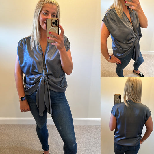 Grey / blue rouched top onesize would fit upto size 16 brand new without tags