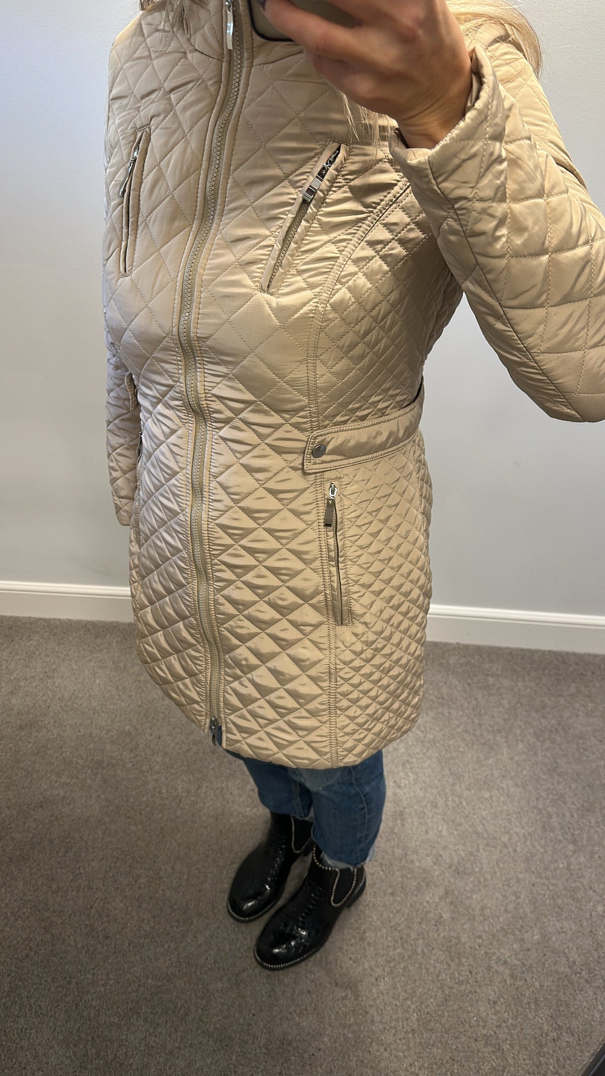 Patrizia Dini beige diamond quilted mid length zip up jacket size 12 also available in black