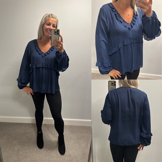 Dorothy Perkins navy ruffle blouse size 16
