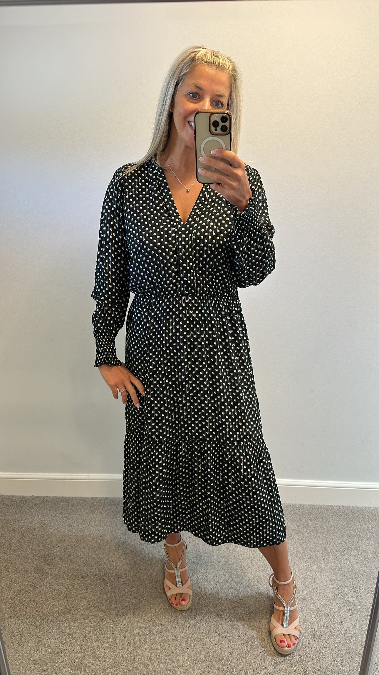 Oasis black spotted dress with gold shimmer size 14