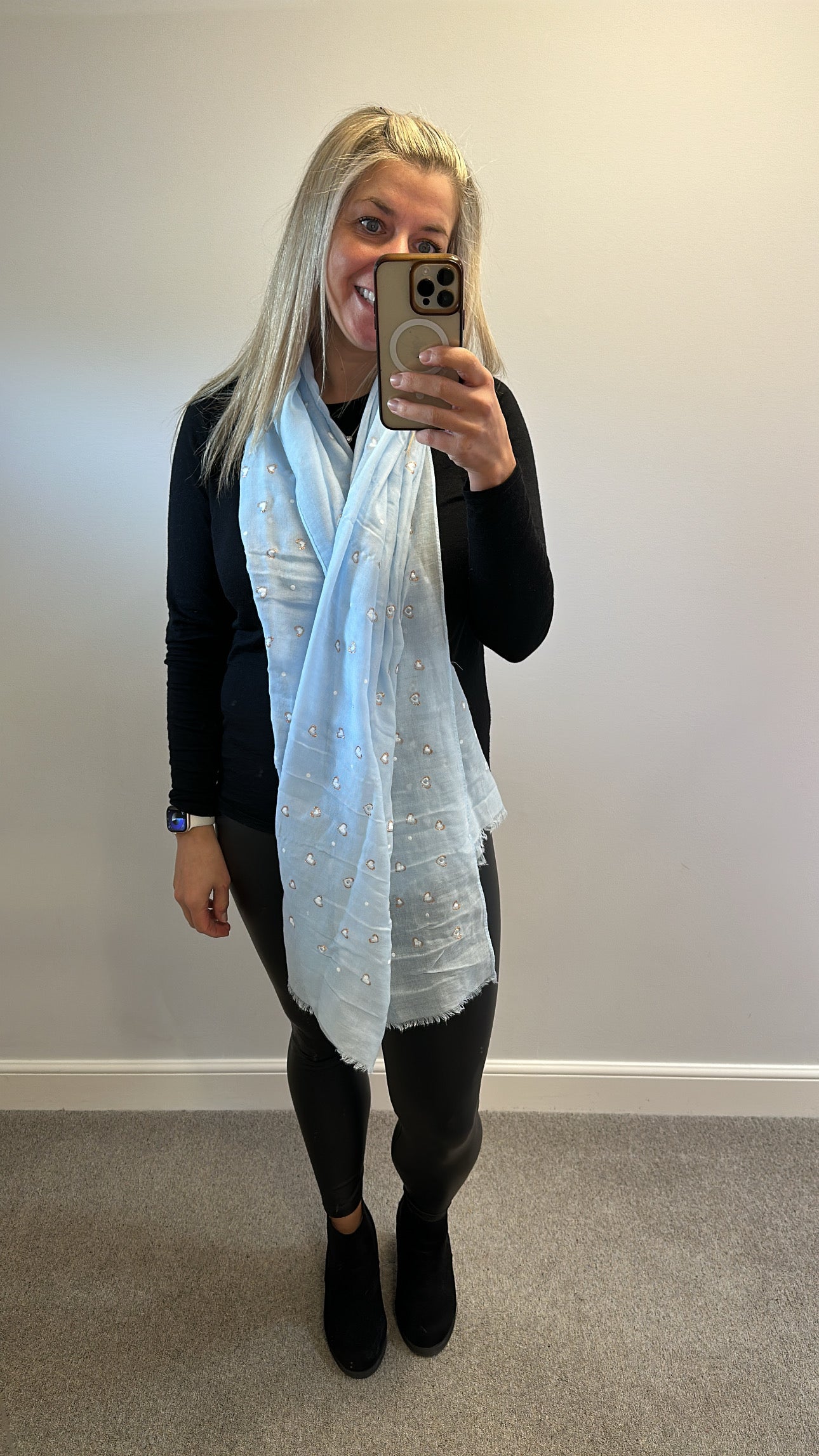 Baby blue gold shimmer heart cotton scarf