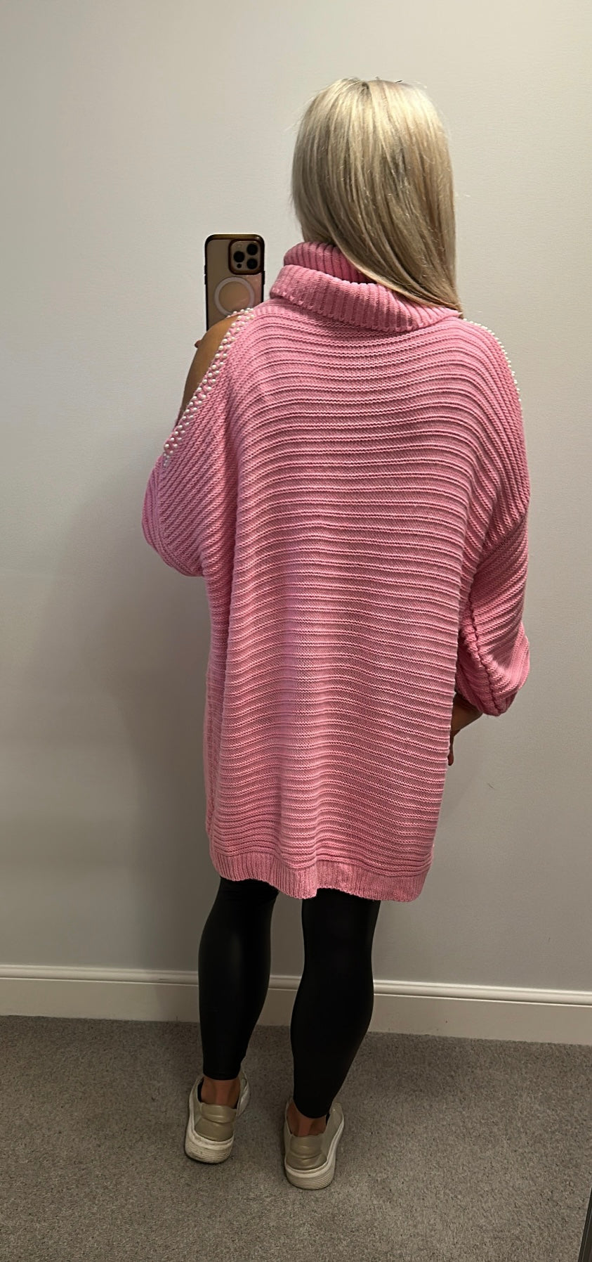Pink cold shoulder pearl knit turtleneck jumper / dress one size would fit upto size 18