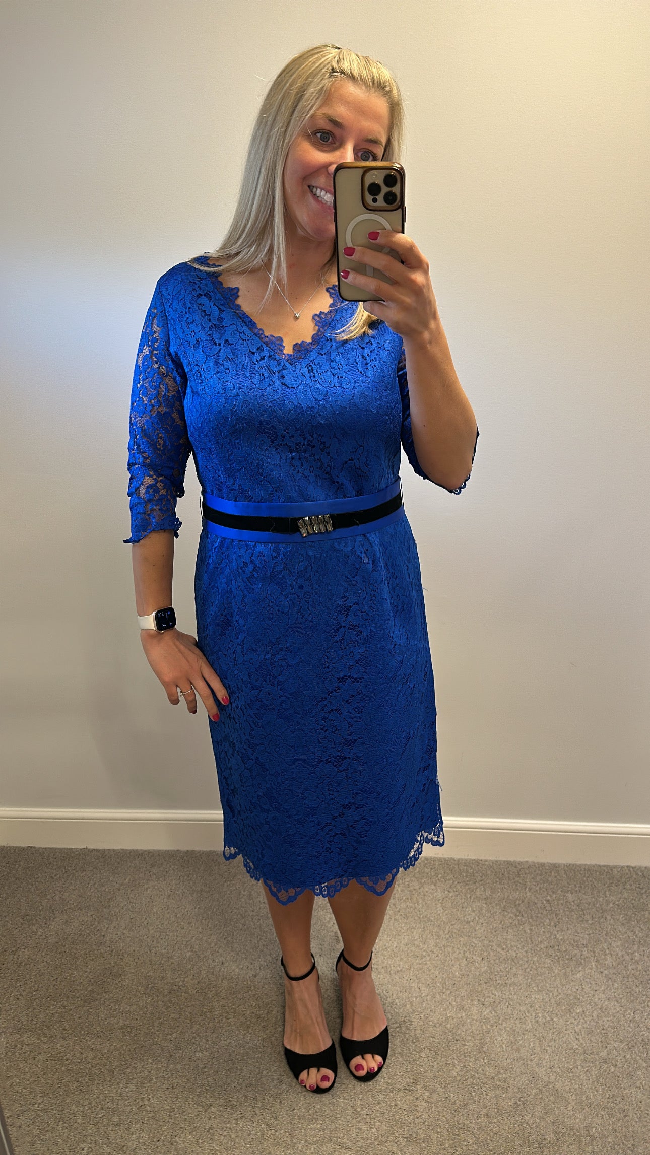 Luis Civit blue lace dress with removable belt size 16