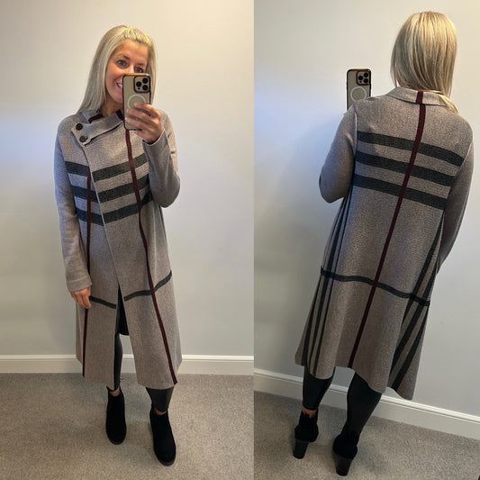 Kaleidoscope taupe check wrap over coat / wool cardigan size 12 but oversized would fit upto size 16