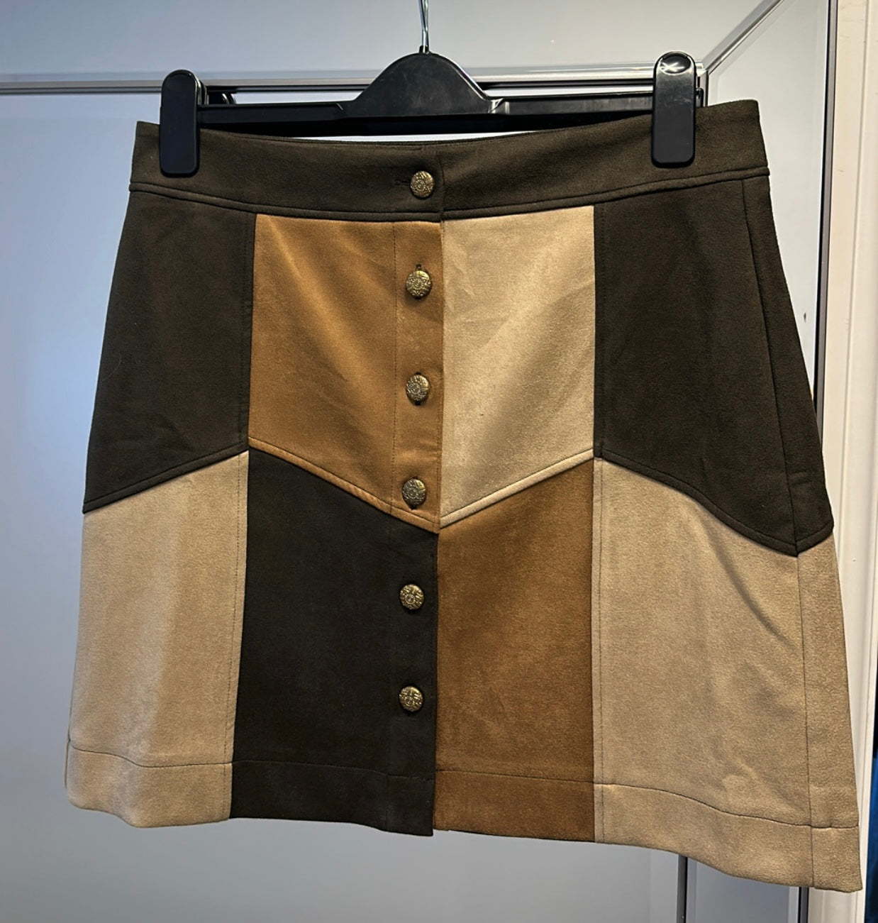 Monsoon khaki / beige patch work suede skirt size 14