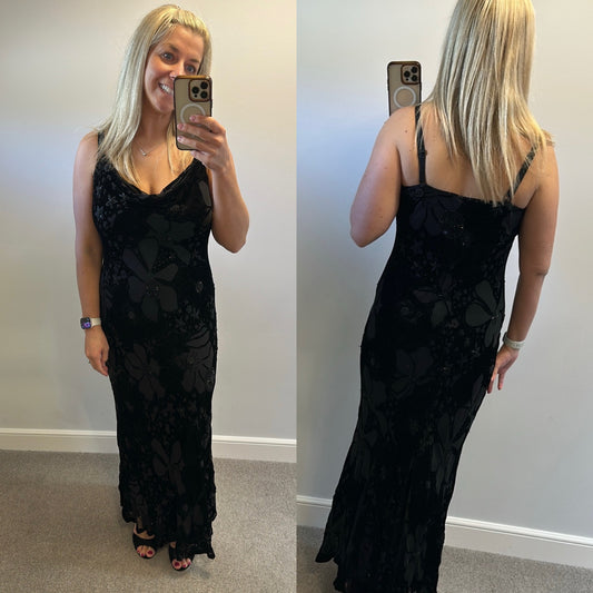 East Black velvet beaded evening dress small size 16