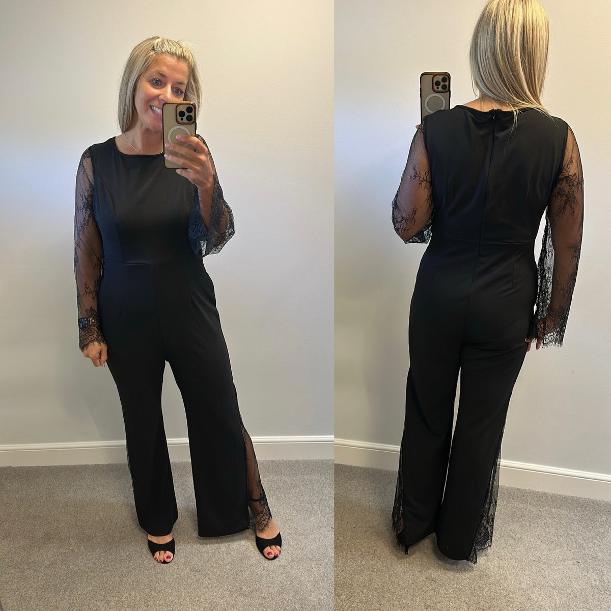Black lace jumpsuit would fit upto size 14