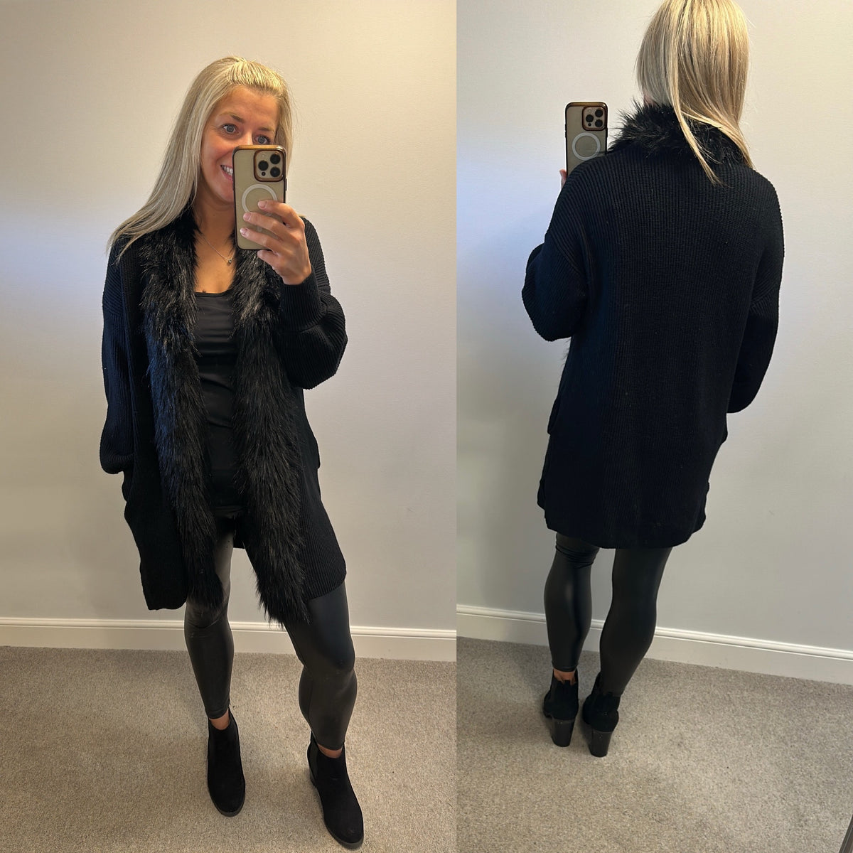 Colynn black faux fur trim knit jumper with pockets one size fitting upto size 16