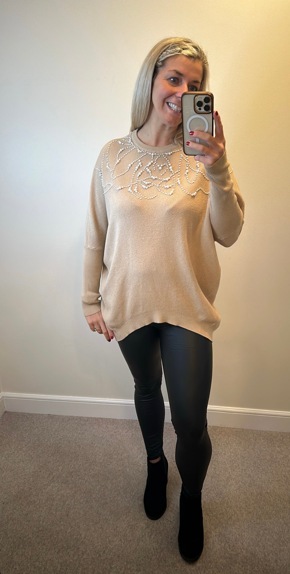 New collection beige pearl jumper one size upto size 18