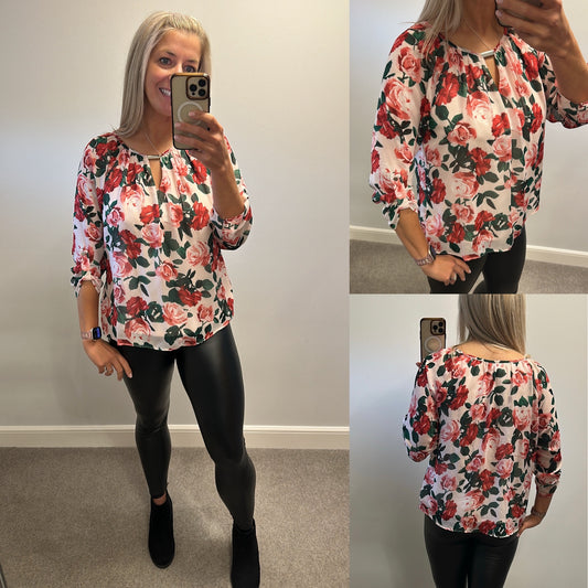 Billie & blossom floral sheer blouse with elasticated sleeves size 14