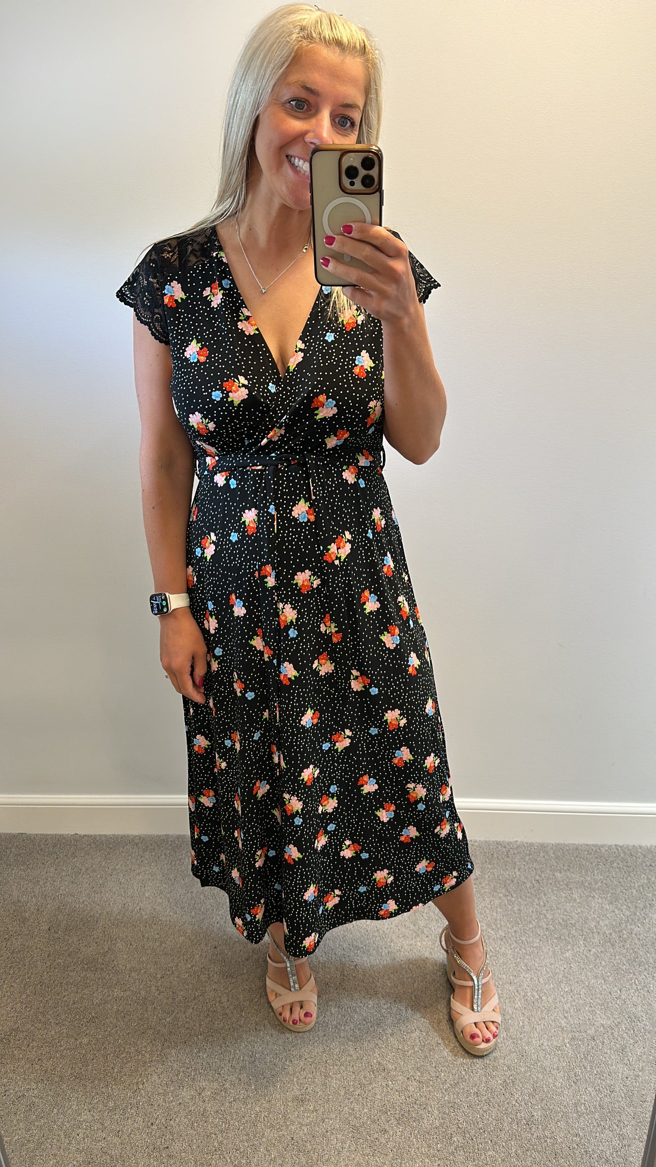 Black floral polka dot dress one size fitting upto size 16