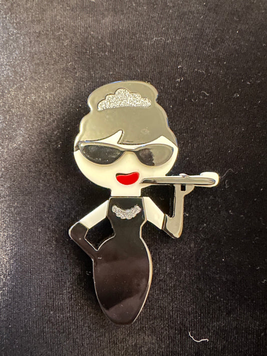 Acrylic sophisticated elegant ladies vintage style brooch in style of Audrey Hepburn