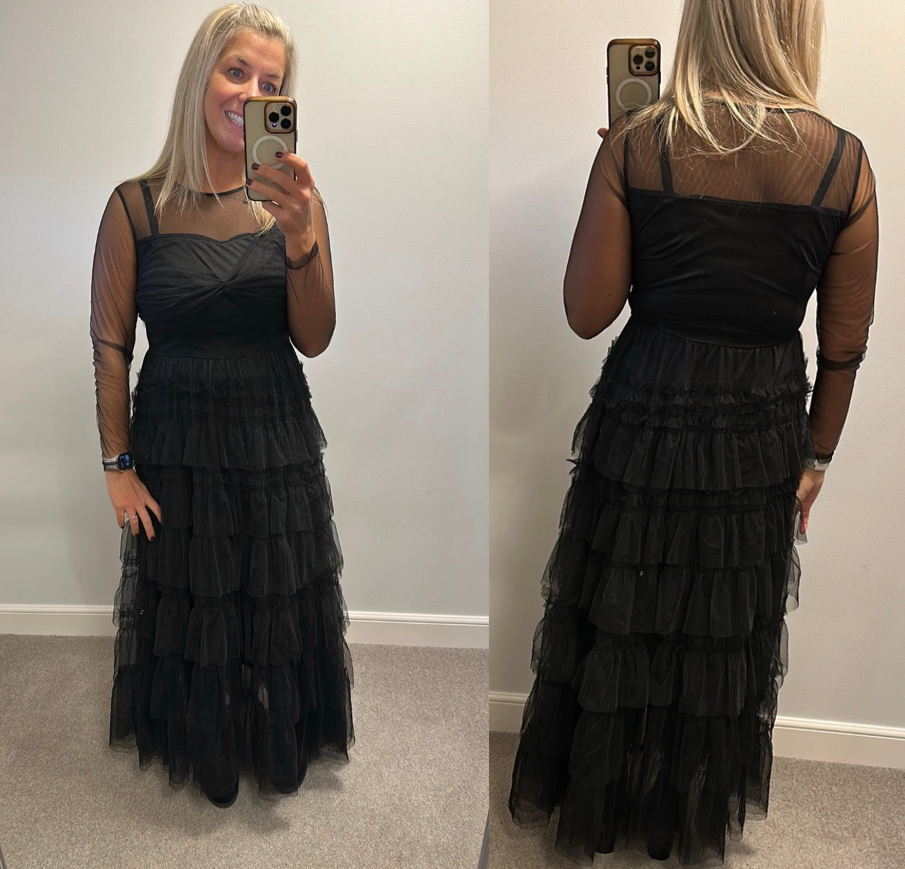 Black ruffle long dress fitting upto size 12