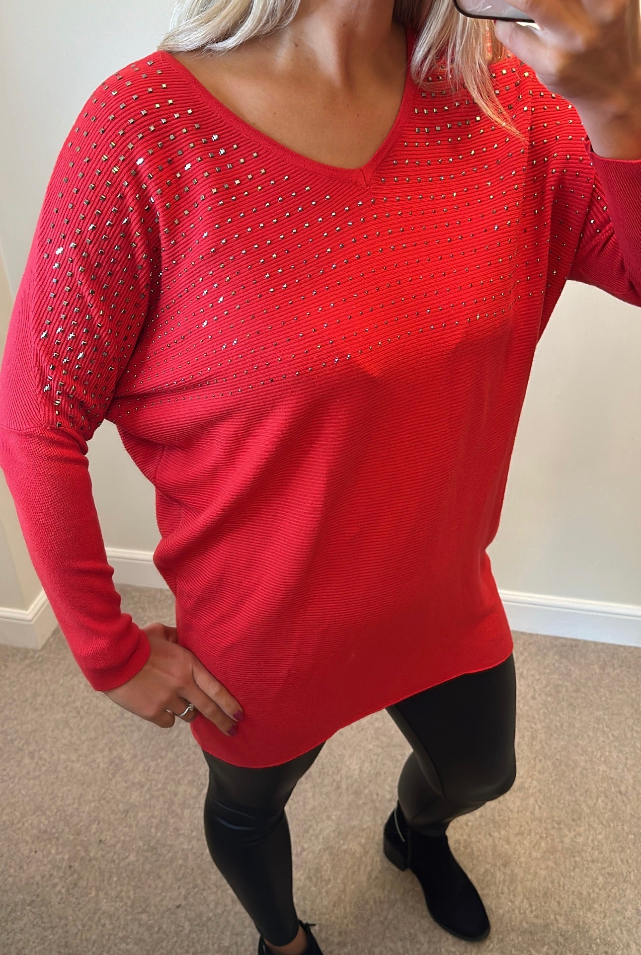 Quiz red embellished top size M fit upto size 16