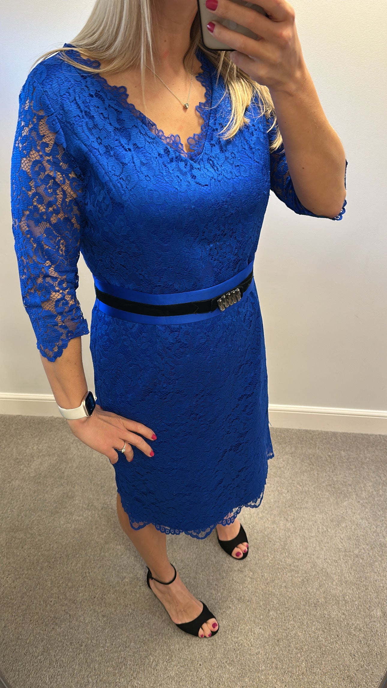 Luis Civit blue lace dress with removable belt size 16