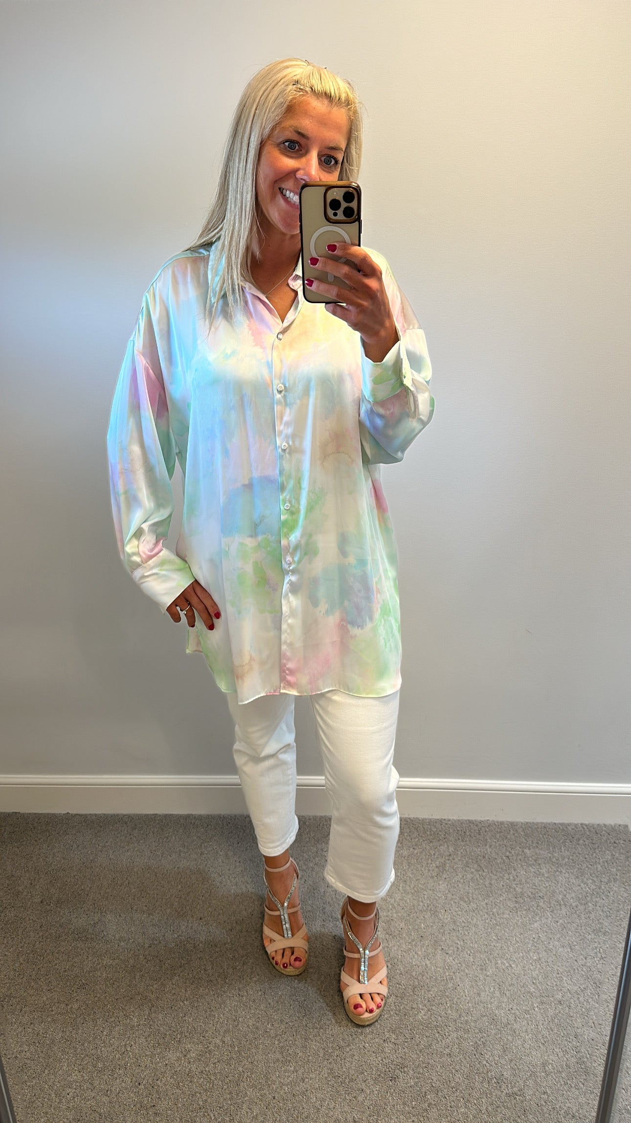Pastel coloured silk style shirt would fit upto size 18