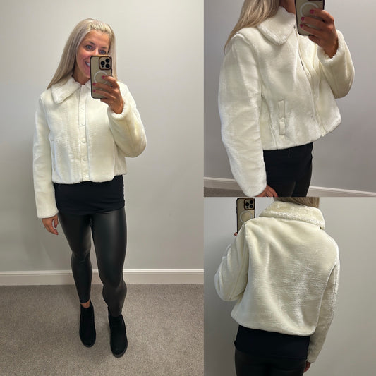 M&S limited edition ivory faux fur jacket with leather style trim brand new with tags size 16