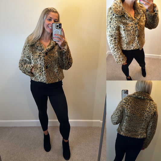 New look faux fur animal print jacket size 14