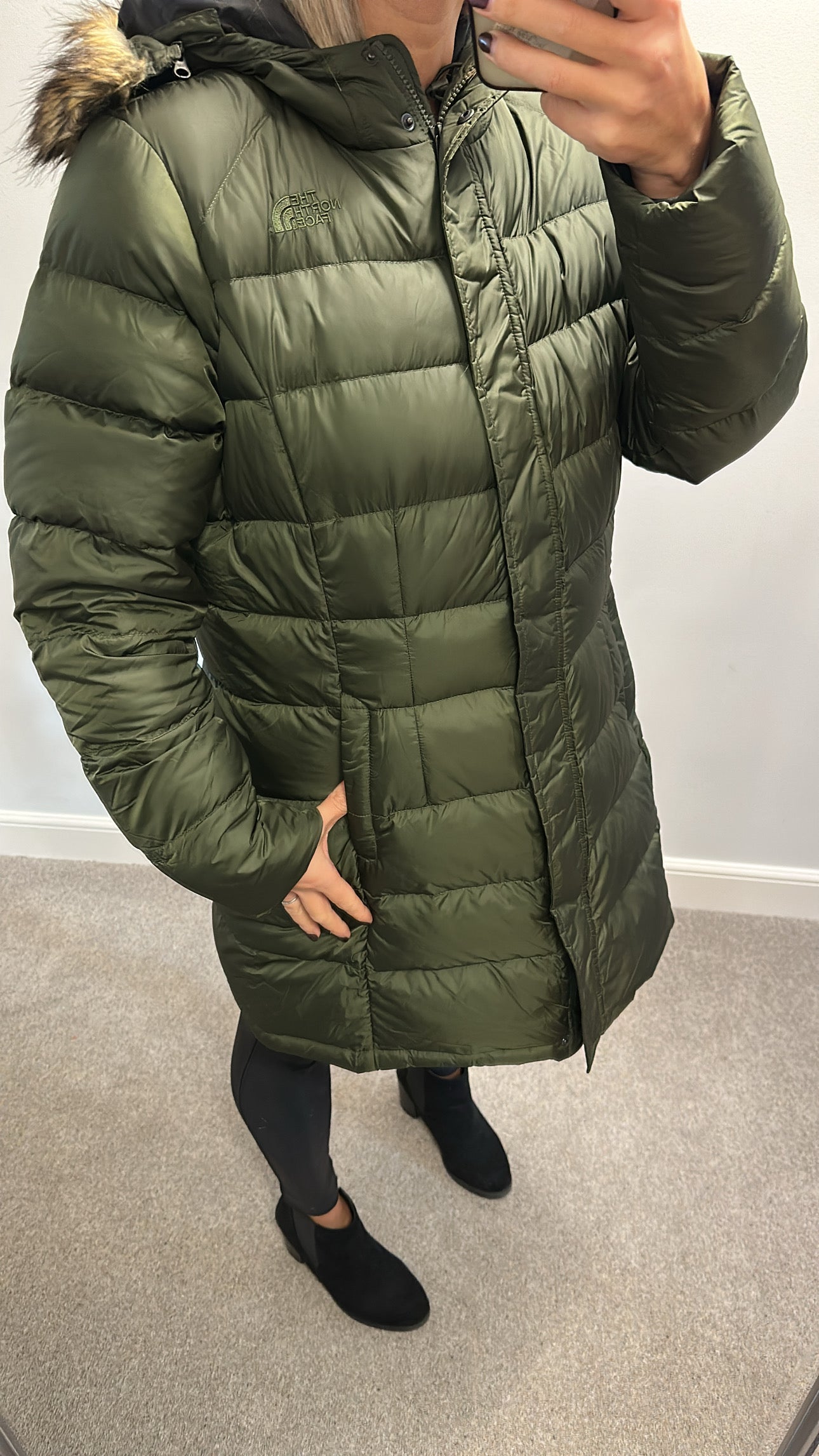 North face khaki 550 long quilted jacket size XL would fit upto size 16