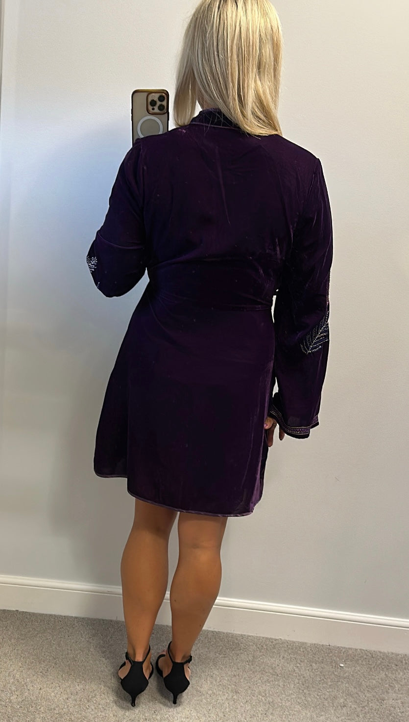 Monsoon purple velvet embroidered beaded dress size 14