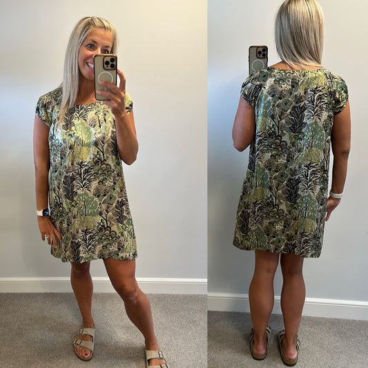 Cocoa anthology green / khaki print dress size 3 (would fit upto size 14)
