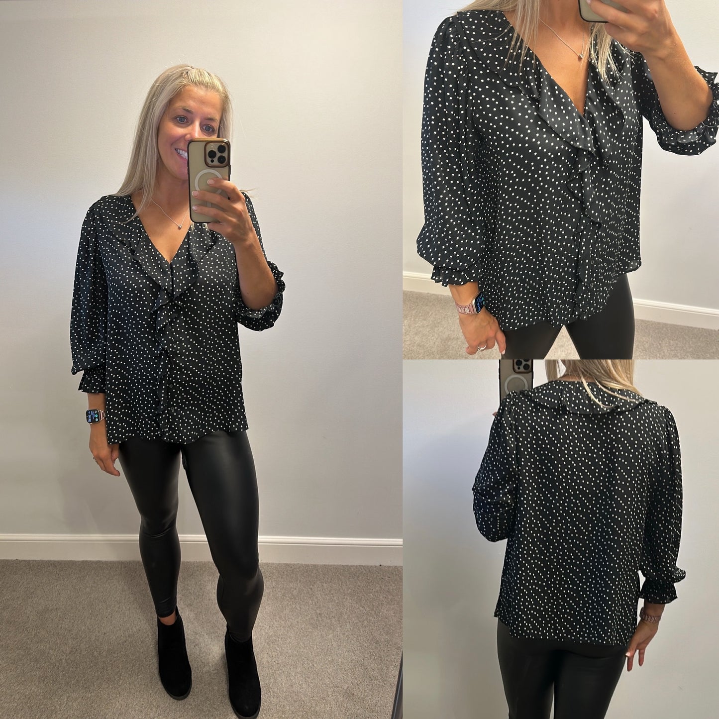 Dorothy Perkins black polka dot blouse size 16