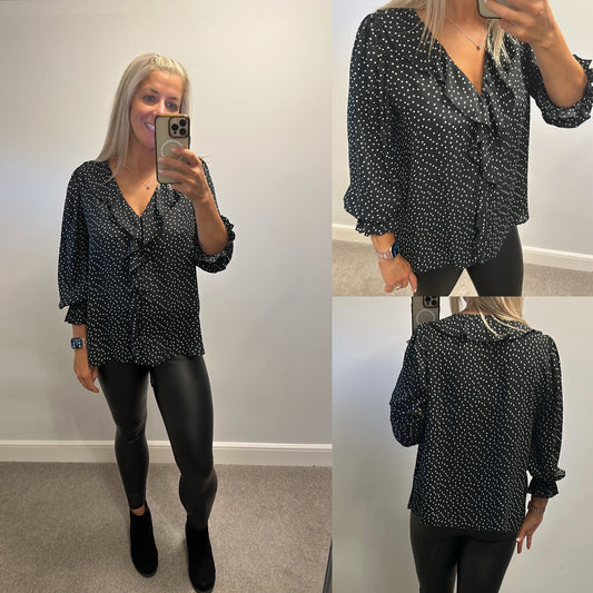 Dorothy Perkins black polka dot blouse size 16
