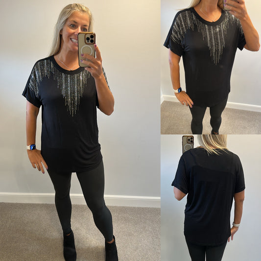 Misumi black embellished tshirt would fit upto size 16
