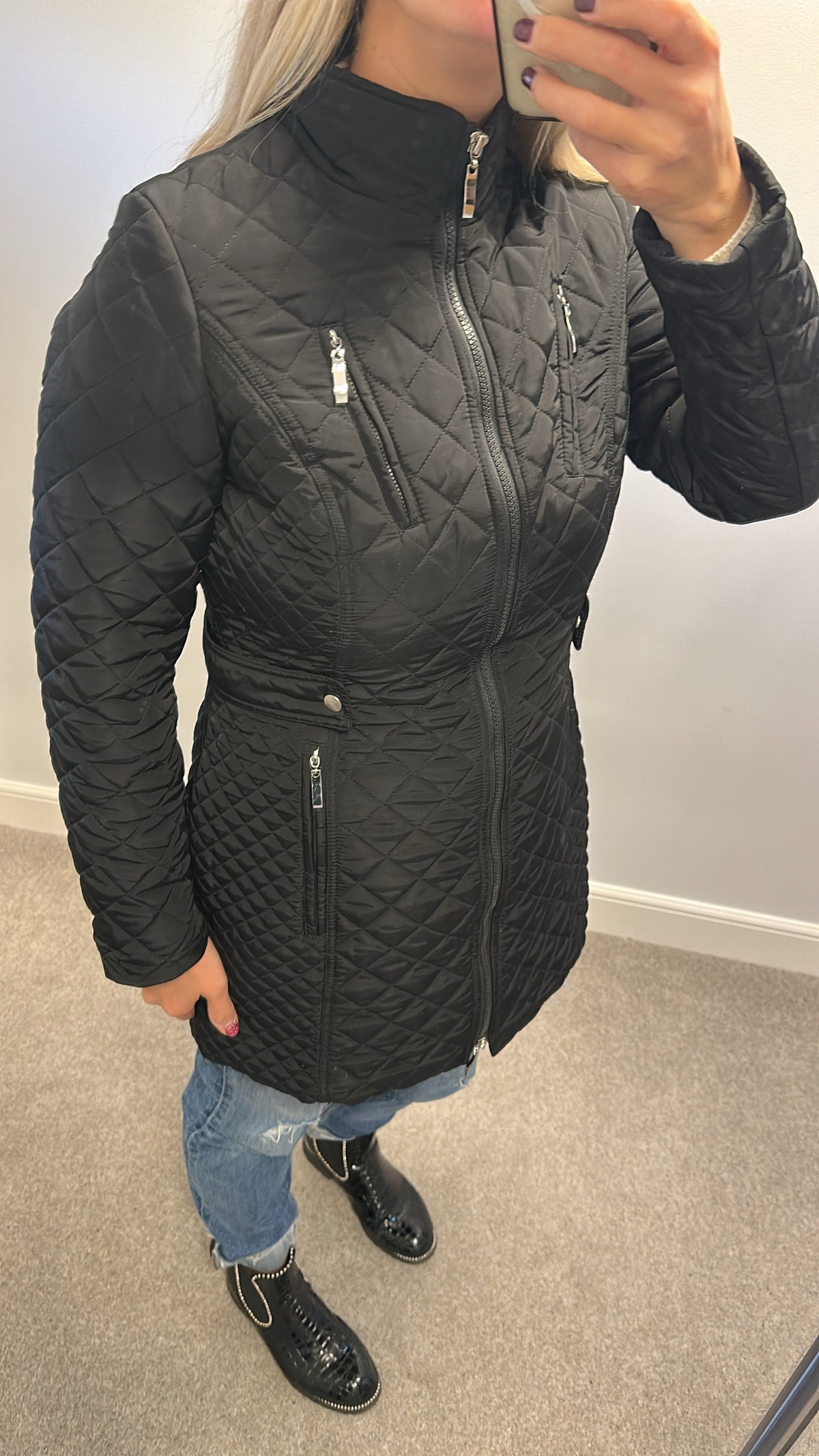 Patrizia Dini black diamond quilted mid length zip up jacket size 12 also available in beige