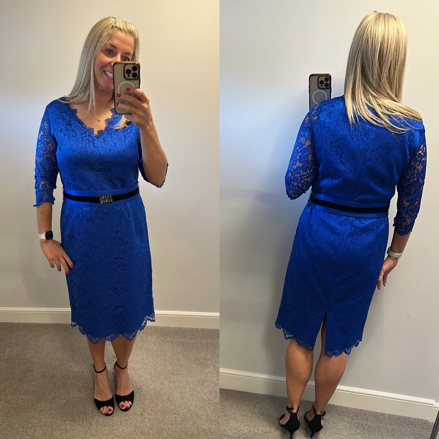 Luis Civit blue lace dress with removable belt size 16