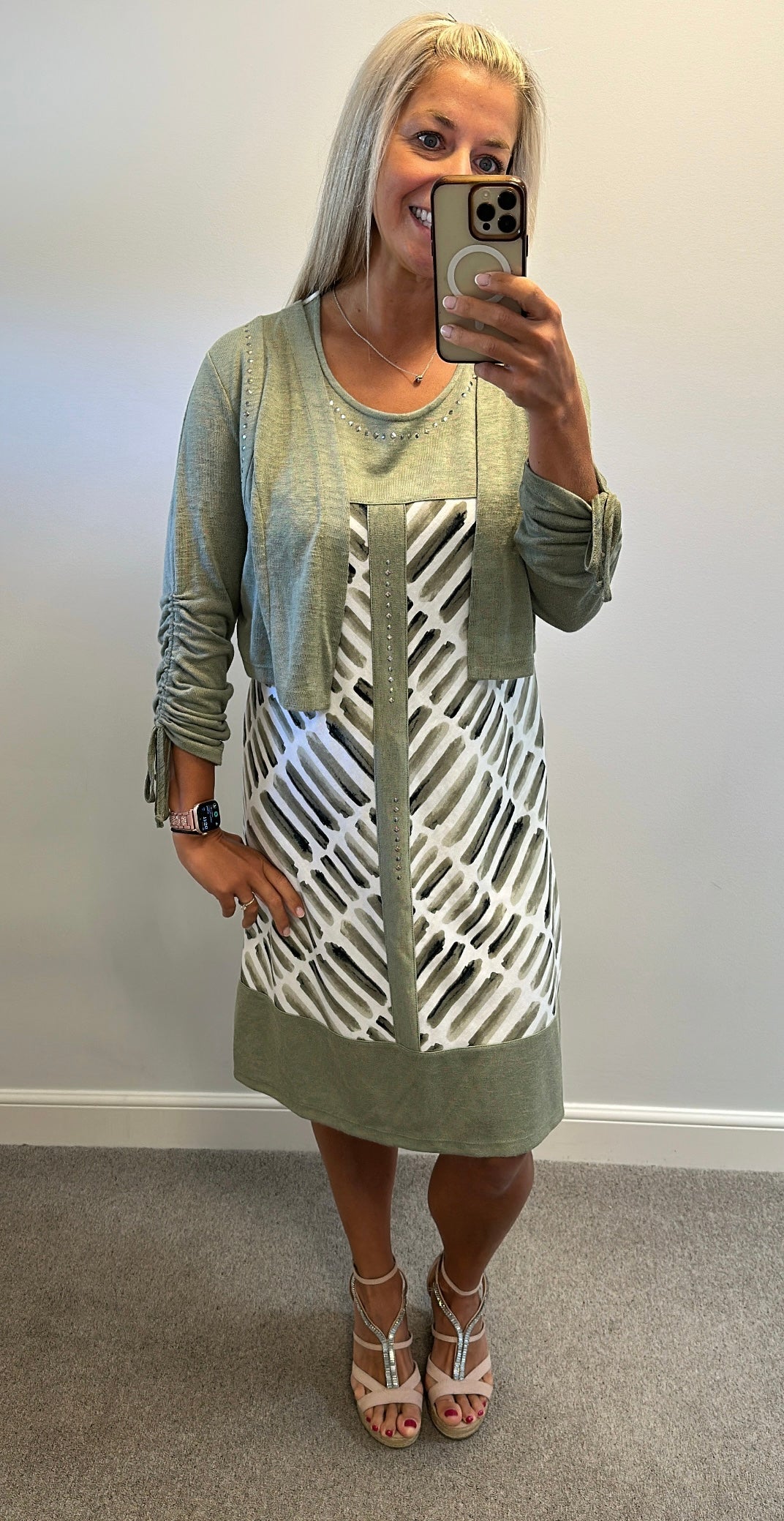 Picadilly khaki green print dress and cardigan size L would fit upto size 16