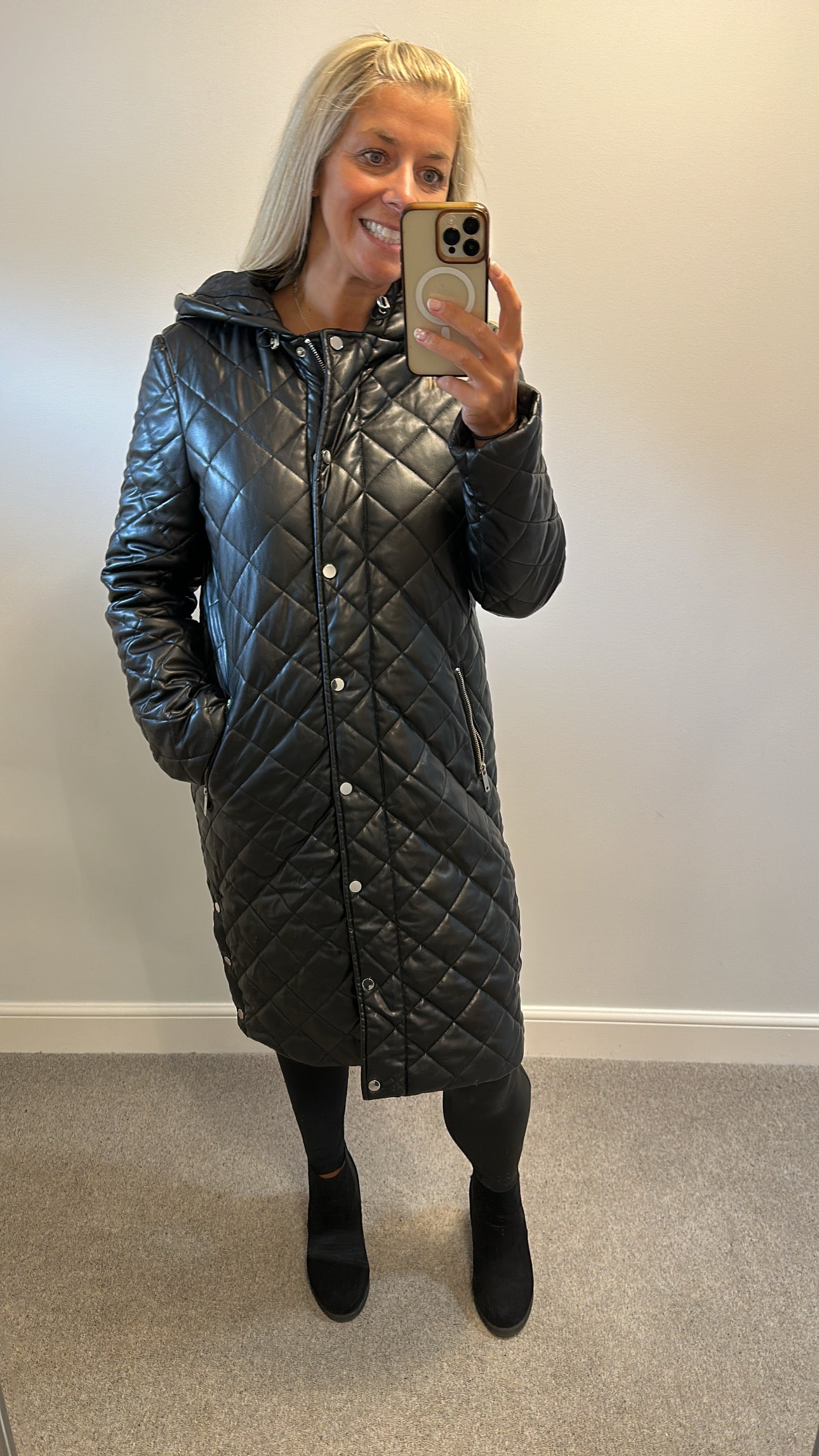 Very black long line padded jacket size 10