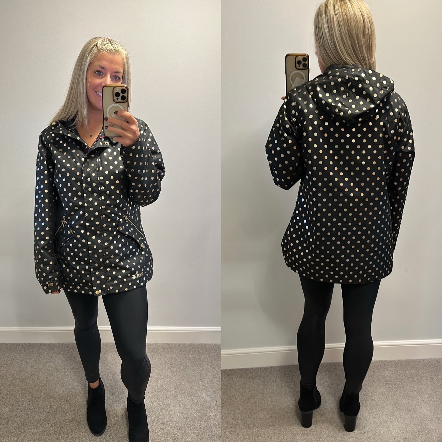 Regatta black and gold polka dot thing isotex 5000 waterproof jacket size 16