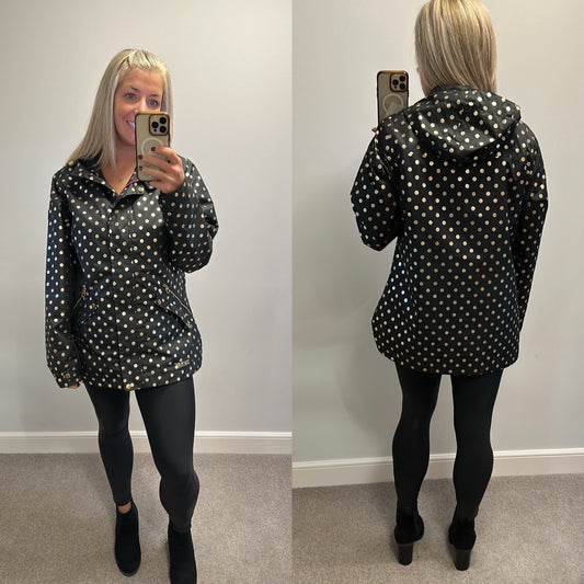 Regatta black and gold polka dot thing isotex 5000 waterproof jacket size 16