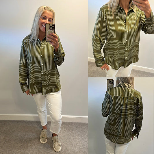 H&M khaki green stripe silk style shirt brand new with tags size M (UK 8-14)