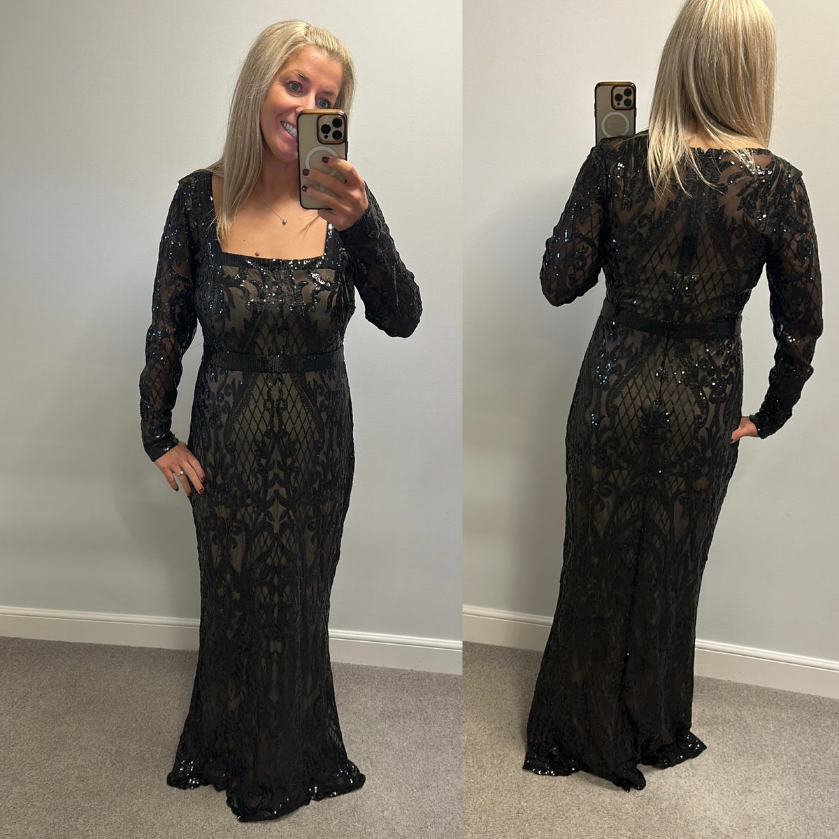Goddiva long black sequin evening dress with square neck small size 16
