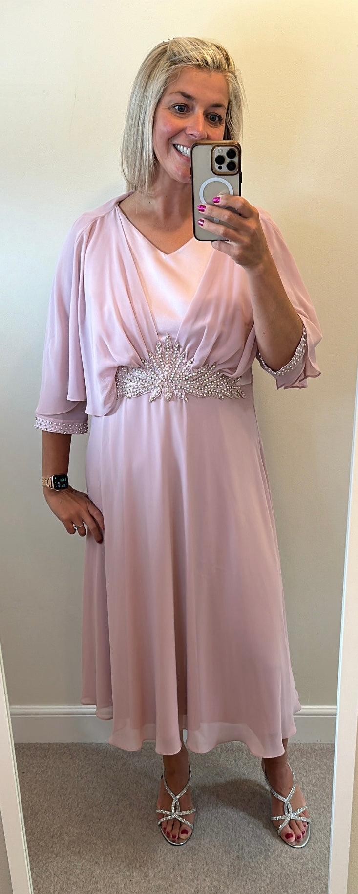 Lizabella blush pink cape embellished dress size 14