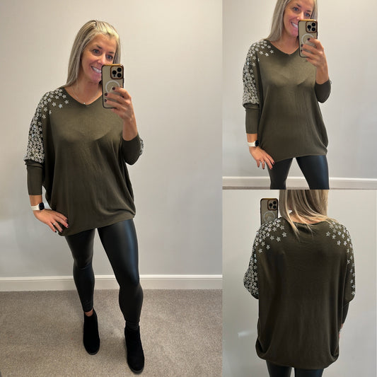 Moewy khaki embellished star jumper onesize fitting upto size 18 brand new with tags