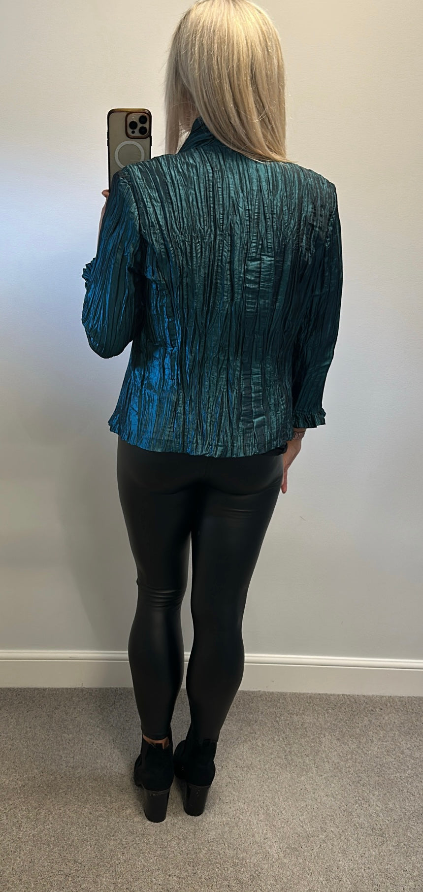 Monaco collection vintage dark turquoise green crinkled jacket size 16