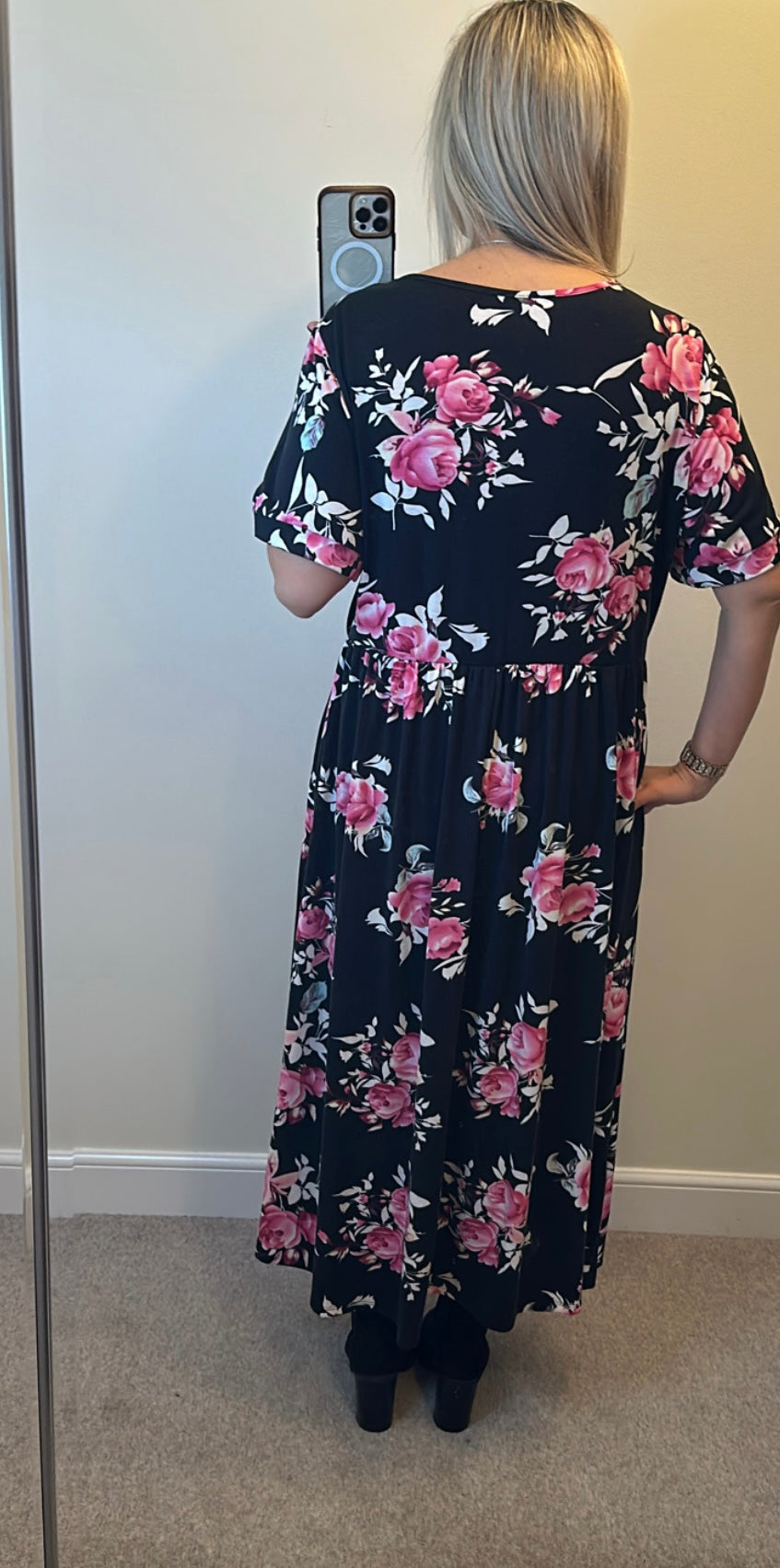 Nemidor black floral dress with pockets size 24